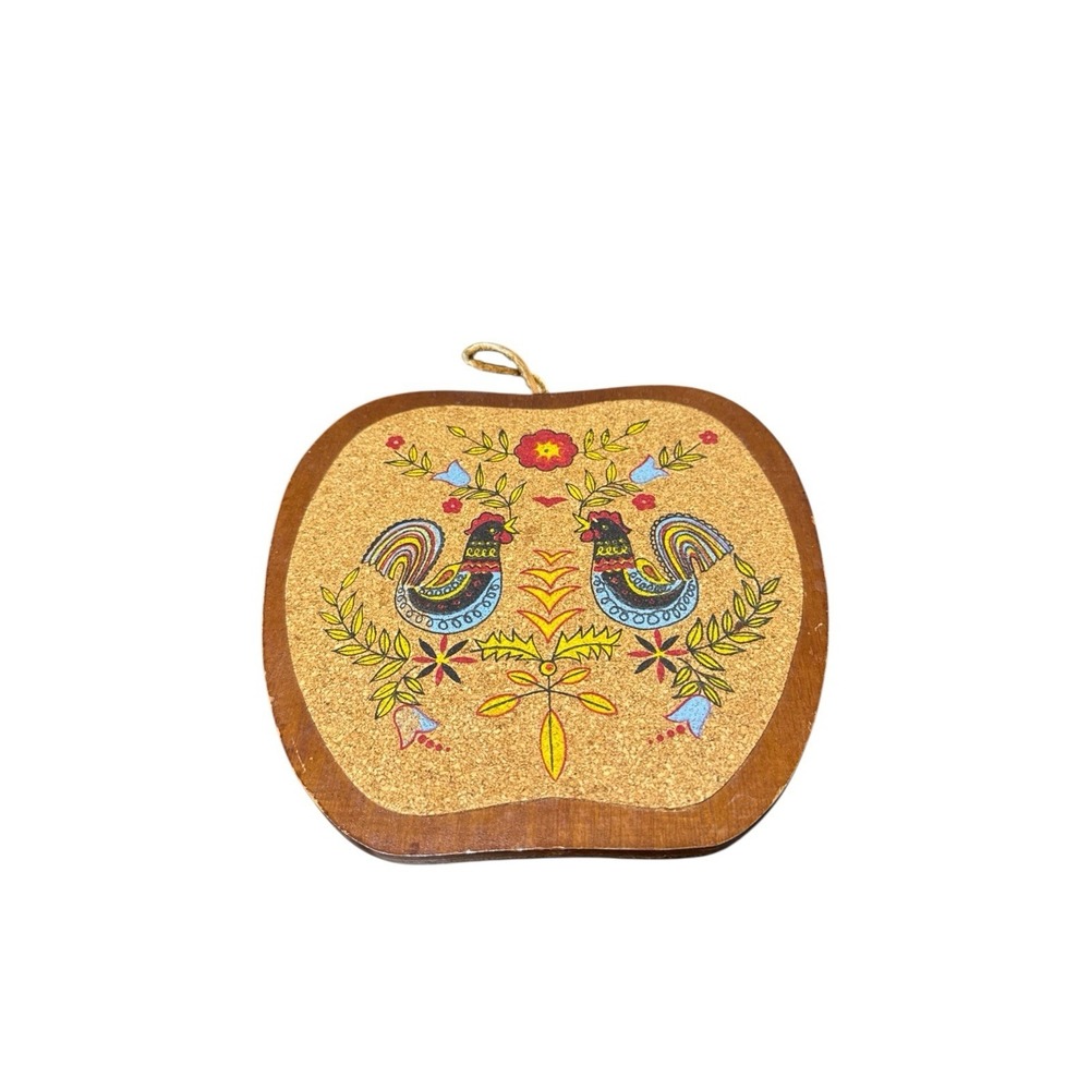 Vintage 60's Cork PA Dutch Folk Art Hand Painted Trivets/Hot Pads Roosters